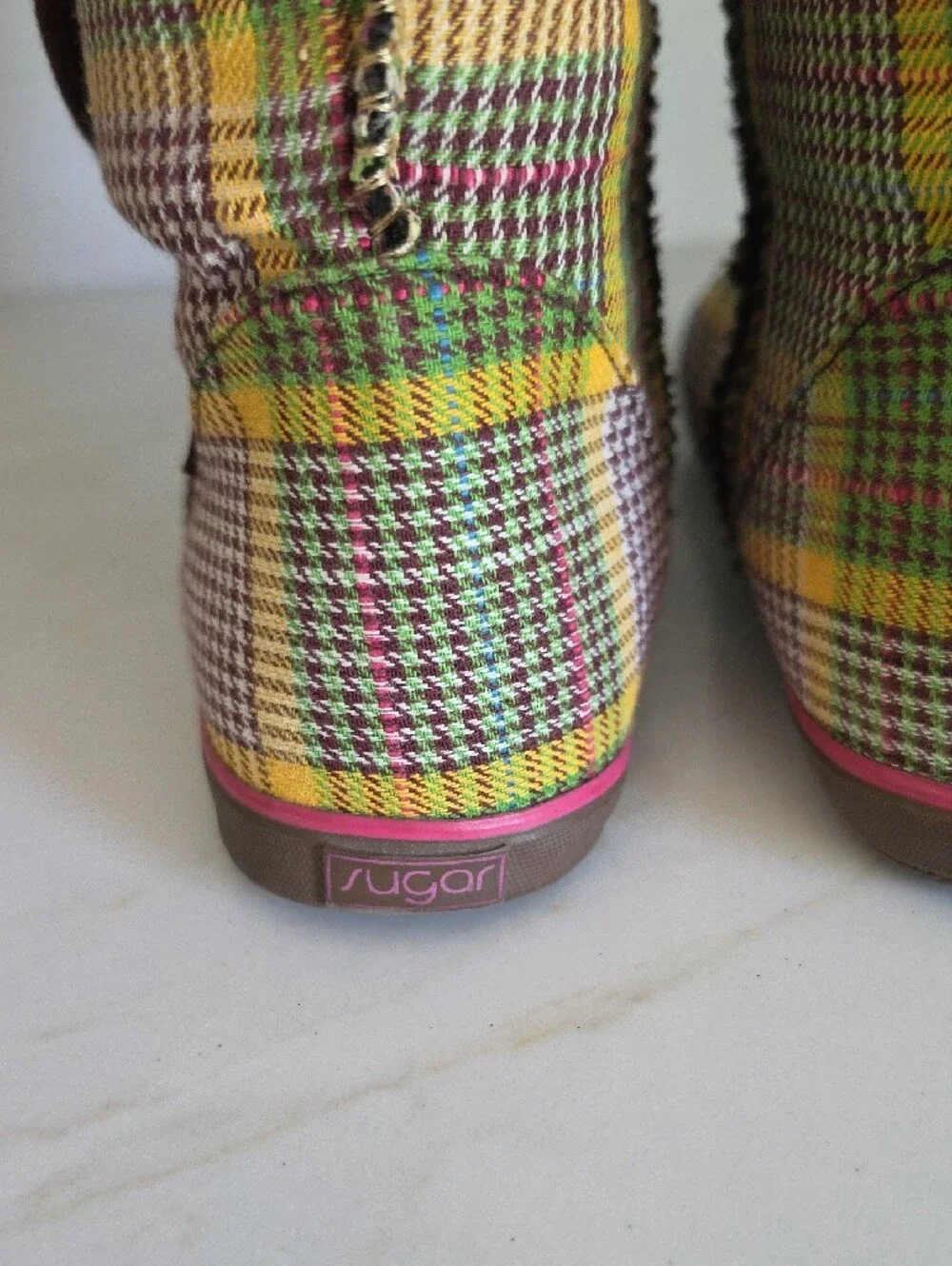 Sugar Brand Plaid Houndstooth Mid-Calf Winter Boots - Wood Buttons - Size 7